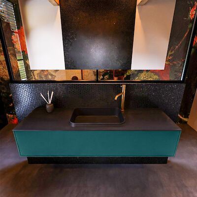 Badkamermeubelset Mondiaz Erin 150 cm met 1 Lade met RIDGE Wastafel Midden Urban met 1 kraangat Greeploos Mat Smag