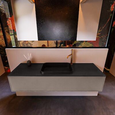Badkamermeubelset Mondiaz Erin 150 cm met 1 Lade met RIDGE Wastafel Midden Urban met 1 kraangat Greeploos Mat Smoke