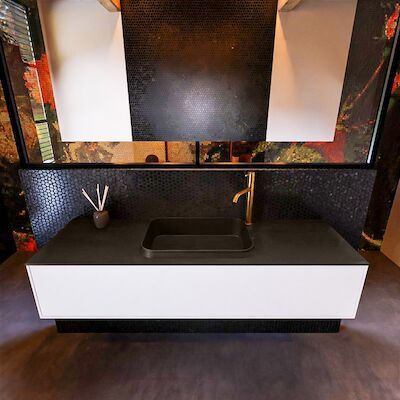 Badkamermeubelset Mondiaz Erin 150 cm met 1 Lade met RIDGE Wastafel Midden Urban met 1 kraangat Greeploos Mat Talc