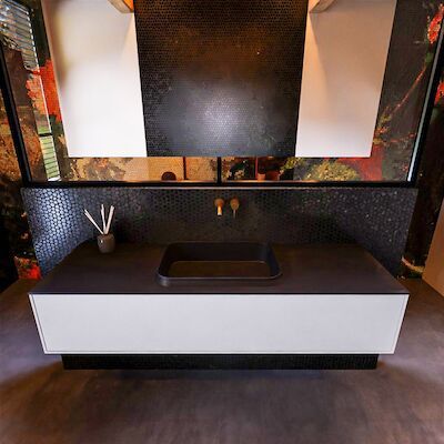 Badkamermeubelset Mondiaz Erin 150 cm met 1 Lade met RIDGE Wastafel Midden Urban Zonder Kraangaten Greeploos Mat Cale