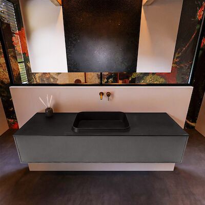 Badkamermeubelset Mondiaz Erin 150 cm met 1 Lade met RIDGE Wastafel Midden Urban Zonder Kraangaten Greeploos Mat Dark Grey