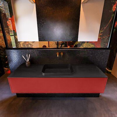 Badkamermeubelset Mondiaz Erin 150 cm met 1 Lade met RIDGE Wastafel Midden Urban Zonder Kraangaten Greeploos Mat Fire