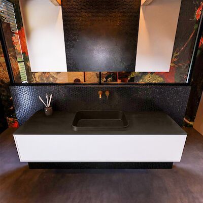 Badkamermeubelset Mondiaz Erin 150 cm met 1 Lade met RIDGE Wastafel Midden Urban Zonder Kraangaten Greeploos Mat Talc