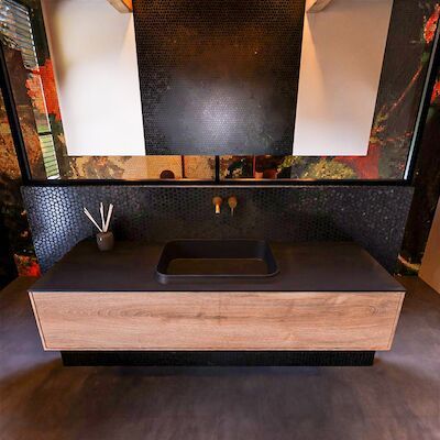 Badkamermeubelset Mondiaz Erin 150 cm met 1 Lade met RIDGE Wastafel Midden Urban Zonder Kraangaten Greeploos Mat Washed Oak
