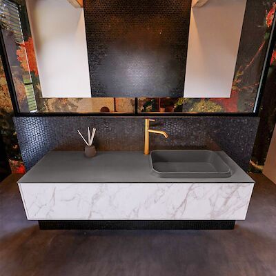 Badkamermeubelset Mondiaz Erin 150 cm met 1 Lade met RIDGE Wastafel Rechts Dark grey met 1 kraangat Greeploos Mat Carrara