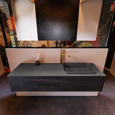 Badkamermeubelset Mondiaz Erin 150 cm met 1 Lade met RIDGE Wastafel Rechts Dark grey met 1 kraangat Greeploos Mat Dark Brown