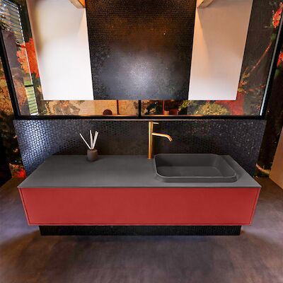 Badkamermeubelset Mondiaz Erin 150 cm met 1 Lade met RIDGE Wastafel Rechts Dark grey met 1 kraangat Greeploos Mat Fire