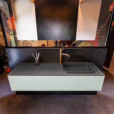 Badkamermeubelset Mondiaz Erin 150 cm met 1 Lade met RIDGE Wastafel Rechts Dark grey met 1 kraangat Greeploos Mat Greey