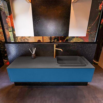 Badkamermeubelset Mondiaz Erin 150 cm met 1 Lade met RIDGE Wastafel Rechts Dark grey met 1 kraangat Greeploos Mat Jeans