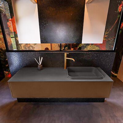 Badkamermeubelset Mondiaz Erin 150 cm met 1 Lade met RIDGE Wastafel Rechts Dark grey met 1 kraangat Greeploos Mat Rust