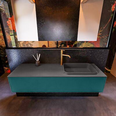Badkamermeubelset Mondiaz Erin 150 cm met 1 Lade met RIDGE Wastafel Rechts Dark grey met 1 kraangat Greeploos Mat Smag