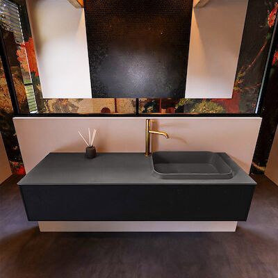 Badkamermeubelset Mondiaz Erin 150 cm met 1 Lade met RIDGE Wastafel Rechts Dark grey met 1 kraangat Greeploos Mat Urban