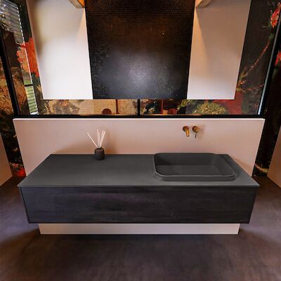 Badkamermeubelset Mondiaz Erin 150 cm met 1 Lade met RIDGE Wastafel Rechts Dark grey Zonder Kraangaten Greeploos Mat Antracite