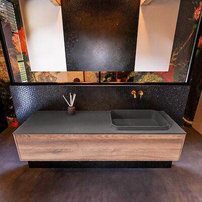 Badkamermeubelset Mondiaz Erin 150 cm met 1 Lade met RIDGE Wastafel Rechts Dark grey Zonder Kraangaten Greeploos Mat Dark Brown Grey