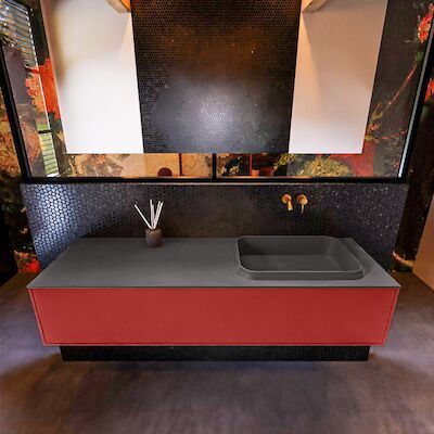 Badkamermeubelset Mondiaz Erin 150 cm met 1 Lade met RIDGE Wastafel Rechts Dark grey Zonder Kraangaten Greeploos Mat Fire