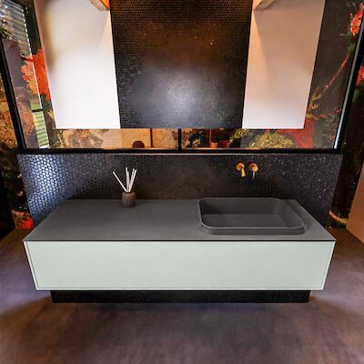 Badkamermeubelset Mondiaz Erin 150 cm met 1 Lade met RIDGE Wastafel Rechts Dark grey Zonder Kraangaten Greeploos Mat Greey