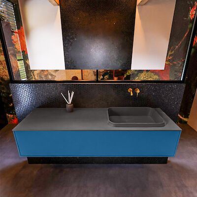 Badkamermeubelset Mondiaz Erin 150 cm met 1 Lade met RIDGE Wastafel Rechts Dark grey Zonder Kraangaten Greeploos Mat Jeans