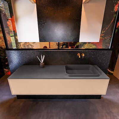 Badkamermeubelset Mondiaz Erin 150 cm met 1 Lade met RIDGE Wastafel Rechts Dark grey Zonder Kraangaten Greeploos Mat Rosee