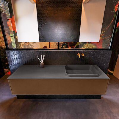 Badkamermeubelset Mondiaz Erin 150 cm met 1 Lade met RIDGE Wastafel Rechts Dark grey Zonder Kraangaten Greeploos Mat Rust