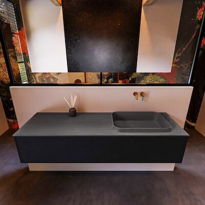 Badkamermeubelset Mondiaz Erin 150 cm met 1 Lade met RIDGE Wastafel Rechts Dark grey Zonder Kraangaten Greeploos Mat Urban