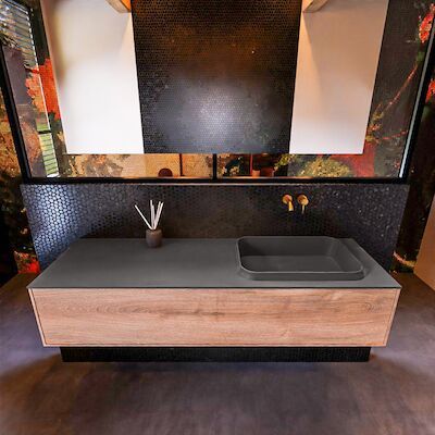 Badkamermeubelset Mondiaz Erin 150 cm met 1 Lade met RIDGE Wastafel Rechts Dark grey Zonder Kraangaten Greeploos Mat Washed Oak
