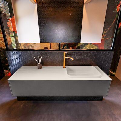 Badkamermeubelset Mondiaz Erin 150 cm met 1 Lade met RIDGE Wastafel Rechts Linen met 1 kraangat Greeploos Mat Dark Grey