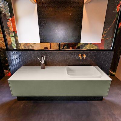 Badkamermeubelset Mondiaz Erin 150 cm met 1 Lade met RIDGE Wastafel Rechts Linen Zonder Kraangaten Greeploos Mat Army