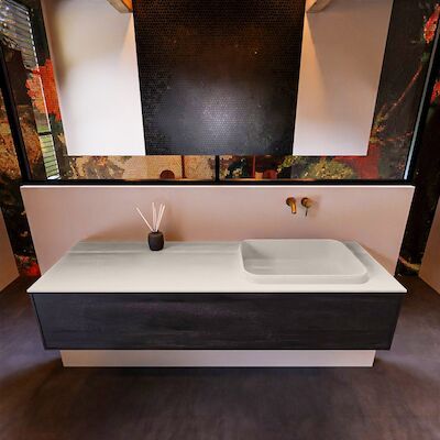 Badkamermeubelset Mondiaz Erin 150 cm met 1 Lade met RIDGE Wastafel Rechts Linen Zonder Kraangaten Greeploos Mat Dark Brown