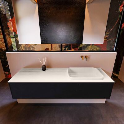 Badkamermeubelset Mondiaz Erin 150 cm met 1 Lade met RIDGE Wastafel Rechts Linen Zonder Kraangaten Greeploos Mat Urban