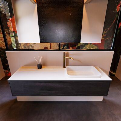 Badkamermeubelset Mondiaz Erin 150 cm met 1 Lade met RIDGE Wastafel Rechts Talc met 1 kraangat Greeploos Mat Dark Brown