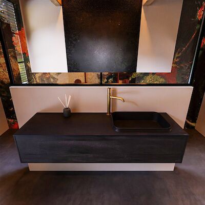 Badkamermeubelset Mondiaz Erin 150 cm met 1 Lade met RIDGE Wastafel Rechts Urban met 1 kraangat Greeploos Mat Dark Brown