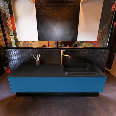 Badkamermeubelset Mondiaz Erin 150 cm met 1 Lade met RIDGE Wastafel Rechts Urban met 1 kraangat Greeploos Mat Jeans