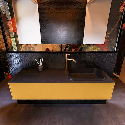 Badkamermeubelset Mondiaz Erin 150 cm met 1 Lade met RIDGE Wastafel Rechts Urban met 1 kraangat Greeploos Mat Ocher