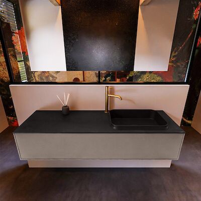 Badkamermeubelset Mondiaz Erin 150 cm met 1 Lade met RIDGE Wastafel Rechts Urban met 1 kraangat Greeploos Mat Smoke