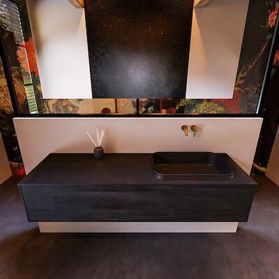 Badkamermeubelset Mondiaz Erin 150 cm met 1 Lade met RIDGE Wastafel Rechts Urban Zonder Kraangaten Greeploos Mat Antracite