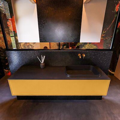 Badkamermeubelset Mondiaz Erin 150 cm met 1 Lade met RIDGE Wastafel Rechts Urban Zonder Kraangaten Greeploos Mat Ocher