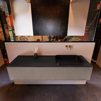 Badkamermeubelset Mondiaz Erin 150 cm met 1 Lade met RIDGE Wastafel Rechts Urban Zonder Kraangaten Greeploos Mat Smoke
