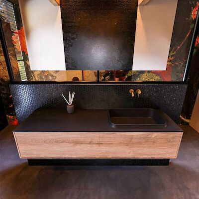 Badkamermeubelset Mondiaz Erin 150 cm met 1 Lade met RIDGE Wastafel Rechts Urban Zonder Kraangaten Greeploos Mat Washed Oak