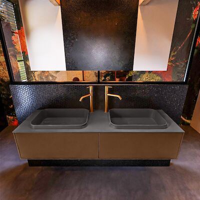 Badkamermeubelset Mondiaz Erin 150 cm met 2 Lades met RIDGE Wastafel Dubbel Dark grey met 2 kraangaten Greeploos Mat Rust