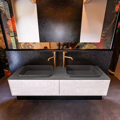 Badkamermeubelset Mondiaz Erin 150 cm met 2 Lades met RIDGE Wastafel Dubbel Dark grey met 2 kraangaten Greeploos Mat Underlayment