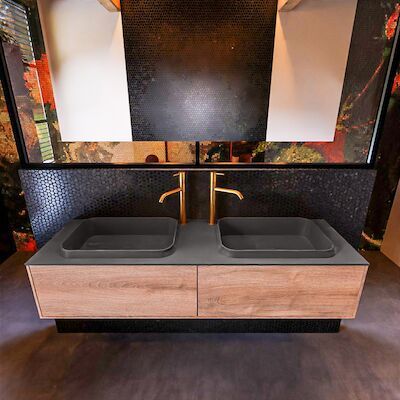 Badkamermeubelset Mondiaz Erin 150 cm met 2 Lades met RIDGE Wastafel Dubbel Dark grey met 2 kraangaten Greeploos Mat Washed Oak