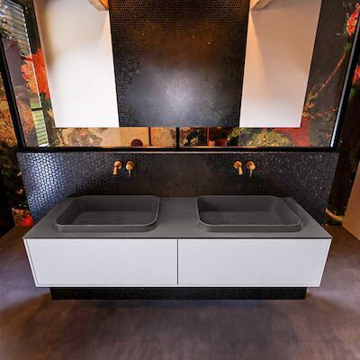 Badkamermeubelset Mondiaz Erin 150 cm met 2 Lades met RIDGE Wastafel Dubbel Dark grey Zonder Kraangaten Greeploos Mat Cale