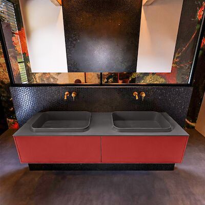 Badkamermeubelset Mondiaz Erin 150 cm met 2 Lades met RIDGE Wastafel Dubbel Dark grey Zonder Kraangaten Greeploos Mat Fire