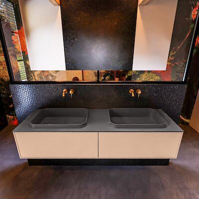 Badkamermeubelset Mondiaz Erin 150 cm met 2 Lades met RIDGE Wastafel Dubbel Dark grey Zonder Kraangaten Greeploos Mat Rosee