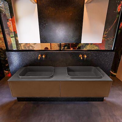 Badkamermeubelset Mondiaz Erin 150 cm met 2 Lades met RIDGE Wastafel Dubbel Dark grey Zonder Kraangaten Greeploos Mat Rust