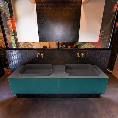 Badkamermeubelset Mondiaz Erin 150 cm met 2 Lades met RIDGE Wastafel Dubbel Dark grey Zonder Kraangaten Greeploos Mat Smag