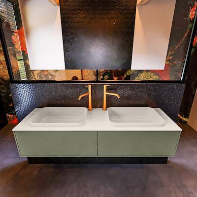 Badkamermeubelset Mondiaz Erin 150 cm met 2 Lades met RIDGE Wastafel Dubbel Linen met 2 kraangaten Greeploos Mat Army