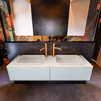 Badkamermeubelset Mondiaz Erin 150 cm met 2 Lades met RIDGE Wastafel Dubbel Linen met 2 kraangaten Greeploos Mat Clay