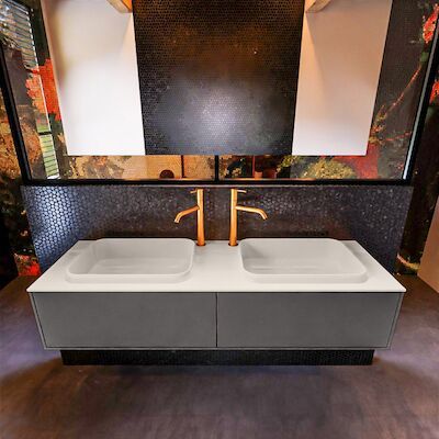 Badkamermeubelset Mondiaz Erin 150 cm met 2 Lades met RIDGE Wastafel Dubbel Linen met 2 kraangaten Greeploos Mat Dark Grey