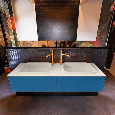 Badkamermeubelset Mondiaz Erin 150 cm met 2 Lades met RIDGE Wastafel Dubbel Linen met 2 kraangaten Greeploos Mat Jeans